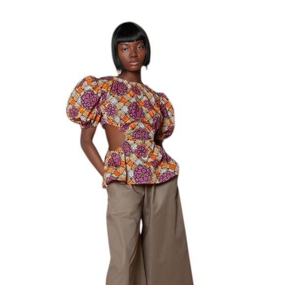 $495 Autumn Adeigbo Ilona Purple Puff Sleeve Cut Out Purple Orange Pattern 0023 - Picture 2 of 9